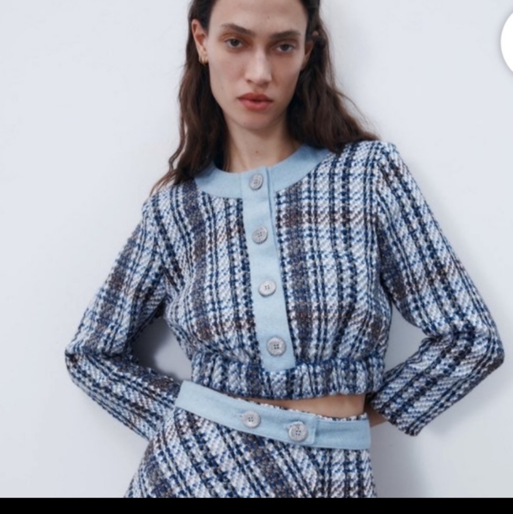 Zara combination textured tweed denim crop top - Picture 2 of 4